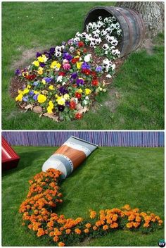 two pictures with flowers in the middle and on the bottom, one has an old barrel as a flower bed