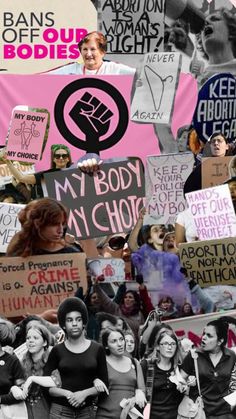 collage of black and white photos with women holding protest signs in front of them