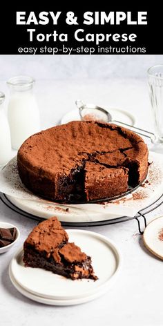 a chocolate cake on a plate with one slice cut out and the other half eaten