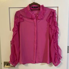 Never Used It, Size Xs Pearl Top, Zara Blouse, Pink Ruffle, Ruffled Sleeves, Pink Blouse, Zara Tops, Zara Women, Jean Shirts, Pink Ladies