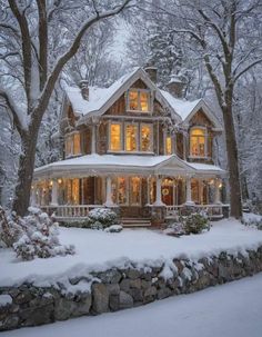 a large house with lots of windows and lights on it's front porch in the snow