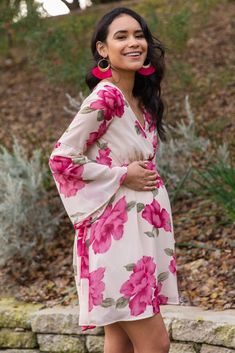 Ivory Floral Chiffon Wrap Maternity Dress Wrap Maternity Dress, Chiffon Maternity Dress, Chiffon Wrap Dress, Maternity Dresses For Baby Shower, Maternity Wrap Dress, Long Bell Sleeves, Chiffon Wrap, Stylish Mom, Baby Shower Dresses