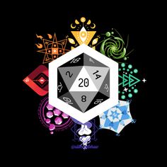 the d20 dice is surrounded by other colorful objects on a black background with stars and swirls around it