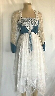 Victorian Cowgirl Blue Denim and White Lace Empire Dress with Bolero, Size 10 | eBay Fitted White Vintage Dress For Fall, White Victorian Dress With Lace Work, Elegant Homewear, Victorian Dress In Vintage White With Lace Patchwork, Victorian Cowgirl, Spring Victorian Dress With Lace Trim In Vintage White, Blue Victorian Dress With Lace Trim, Denim Wedding Dresses, Vintage White Victorian Dress With Lace Trim