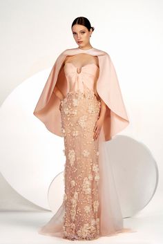 HerTrove-Floral embroidered gown with cape Aline Gown, Floral Embroidered Gown, Marchesa Couture, Gown With Cape, Embroidered Cape, Dress With Cape, Cape Gown, Pink Strapless Dress, Midi Dress Style