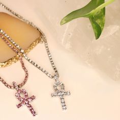 Iced out crystal Ankh necklace in Pink, Silver or Gold. Ankh is the symbol of life. Symbol Of Life, Ankh Necklace, Life Symbol, Pink Diamond, Silver Necklaces, Cross Necklace, Crystals, Silver, Pink