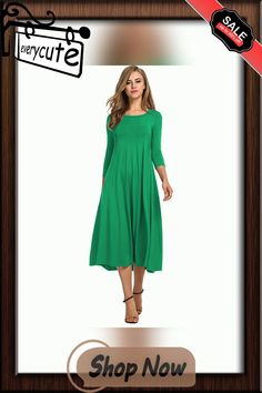 Green 3/4 Sleeve High Waist Casual Dress Green Half Sleeve Dress For Fall, Green Half Sleeve Fall Dresses, Solid Color Dresses With 3/4 Sleeve For Fall, Solid Fall Dresses With 3/4 Sleeve, Fall Dresses With 3/4 Sleeves In Solid Color, Solid Color Fall Dress With 3/4 Sleeves, Spring Solid Color Half Sleeve Midi Dress, Solid Half Sleeve Midi Dress For Spring, Green 3/4 Length Dress For Spring