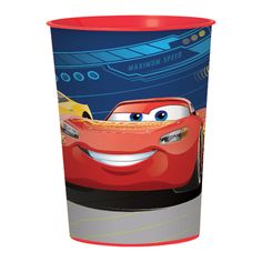 a red plastic cup with cars on it