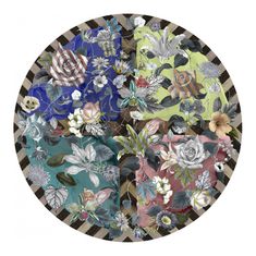 an image of a plate with flowers and leaves on it's side in different colors