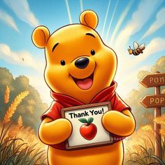 a winnie the pooh character holding an apple and pointing to a sign that says thank you