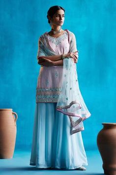 Shop for Angad Singh Pink Kurta- Raw Silk Embroidered Kurta Sharara Set for Women Online at Aza Fashions Organza Sharara, Raw Silk Embroidery, Blue Sharara, Silk Sharara, Leaf Sleeve, Gota Patti Work, Pink Kurta, Kurta Sharara, Ice Blue Color