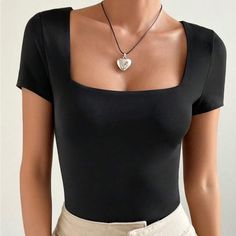 Super Cute And Stylish Ships In 5-10 Business Days Elegant Solid Color Bodysuit With Square Neck, Elegant Square Neck Bodysuit, Elegant Black Square Neck Top, Elegant Fitted Square Neck Bodysuit, Elegant Fitted Bodysuit With Square Neck, Elegant Stretch Bodysuit Solid Color, Elegant Short Sleeve Fitted Bodysuit, Elegant Solid Color Bodysuit For Spring, Elegant Solid Color Bodysuit For Night Out