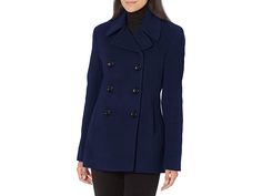 Calvin Klein Double Breasted Peacoat - Women's Coat : IND : Elevate your professional style in the Calvin Klein Double Breasted Peacoat. The lightweight coat with princess seaming features a notched lapel and front slash pockets that create an effortless look. Structured shoulders and long sleeve construction. Front seaming detail for shaped fit, notch lapel collar, and three-button front closure. Back vent for comfort and fit. Luxe stretch season-less fabric. 70% wool, 20% nylon, 10% cashmere. Business Casual Double-breasted Peacoat, Calvin Klein Tailored Notch Lapel Outerwear, Tailored Calvin Klein Outerwear For Business Casual, Calvin Klein Notch Lapel Outerwear For Business Casual, Business Casual Peacoat With Double Button Closure, Calvin Klein Tailored Business Casual Outerwear, Tailored Long-sleeve Peacoat With Button Closure, Double-breasted Lapel Collar Peacoat For Work, Double-breasted Peacoat With Lapel Collar For Work