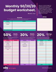 a purple and blue poster with the words, money 50 / 30 / 20 budget worksheet