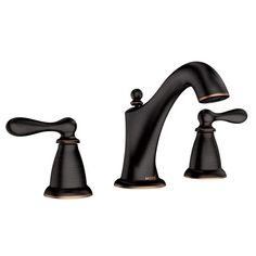 two handle bathroom faucet with black finish and bronze accents on the sides,