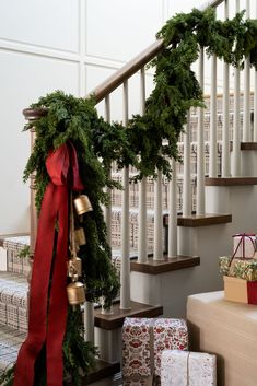 christmas decorations on the banisters and stairs