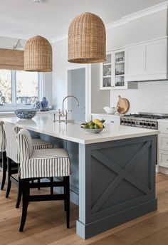 a kitchen island with two chairs next to it