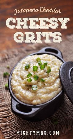 jalapeno cheddar cheese grits in a cast iron skillet