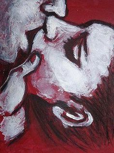 a painting of a man with his head down and hands in his mouth, on a red background