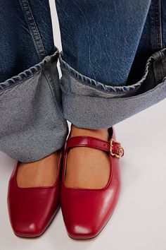 Flats Outfit Summer, Red Ballet Flats Outfit, Square Ballet Flats, Mary Jane Flats Outfit, Red Flats Outfit, Buckle Ballet Flats, Red Mary Jane Shoes, Red Shoes Flats, Ballet Flats Outfit