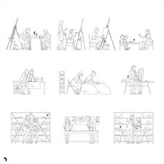 several drawings of people working in different positions