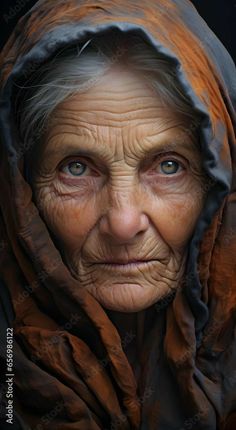 an old woman with blue eyes wearing a brown shawl