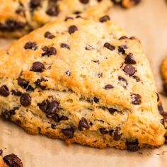 chocolate chip scones sitting on top of a piece of parchment paper