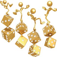 four golden dices with people on them and one is jumping off the dice to another