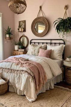 a large bed sitting in a bedroom next to two hanging planters on the wall