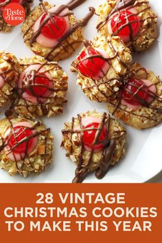 christmas cookies with chocolate drizzled on them and the words 28 vintage christmas cookies to make this year