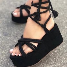 Category:Sandals; Upper Materials:Synthetics; Embellishment:Lace-up; Season:Summer; Heel Type:Platform,Wedge Heel; Gender:Women's; Activity:Walking; Toe Shape:Round Toe,Open Toe; Style:Casual,Sweet; Heel Height(inch):3-4; Outsole Materials:Rubber; Occasion:Beach,Office,Outdoor,Daily; Closure Type:Lace-up; Pattern:Solid Colored; Production mode:Self-produce; 2024 Trends:Lace Up Sandals Strappy Sandals,Wedge Sandals,Wedge Heels,Platform Sandals,Plus Size; Foot Length:; Foot Width:; Size chart date Tie Sandals, Modern Sandals, Black Strappy Sandals, Platform Wedge Heels, Lace Up Wedges, Womens Sandals Wedges, Stylish Sandals, Platform Wedge Sandals, Womens Wedges