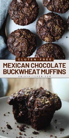 mexican chocolate buckwheat muffins on a white plate with text overlay