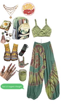 Green Hippie Bottoms For Summer, Hippie Core Outfits, Hippie Outfits 70s Bell Bottoms, Hippie Core Aesthetic, Earthy Hippie Outfits, Summer Hippie Baggy Pants, Whimsigoth Beach Outfit, Hippie Asethic