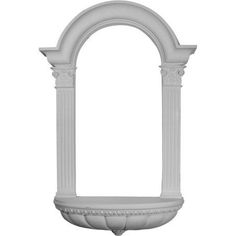 a white wall mounted shelf with an arch on it's side and two columns in the