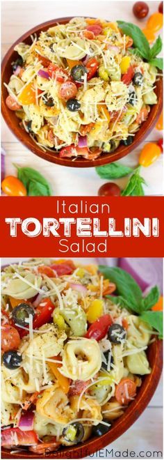 this italian tortellini salad is loaded with fresh tomatoes, olives and mozzarella