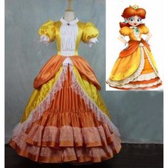 an orange and yellow dress with ruffles on the skirt is shown next to a mannequin