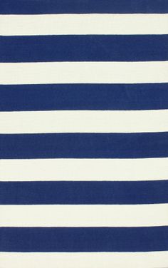 a blue and white rug with horizontal stripes