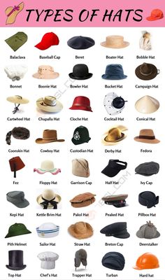 Types Of Hats Men, Hat Reference, Types Of Hats For Women, Haute Couture Outfits, Fashion Infographic, Hand Work Blouse, Hat Types, Types Of Hats, Embellished Clothing