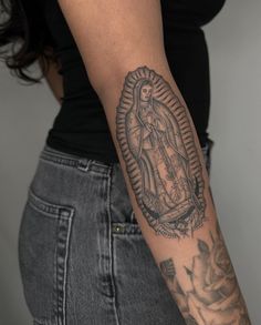 Virgin Guadalupe Tattoo, Virgin Mary Back Tattoo, Holy Mary Tattoo, Virgin Mary Tattoo Forearm, Traditional Virgin Mary Tattoo, Virgin Mary Tattoo For Women, Blessed Mother Tattoo