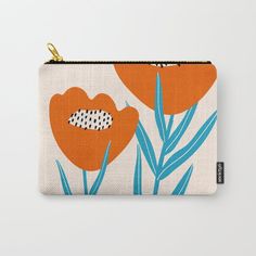 an orange flower with blue leaves and dots on it carry - all pouch by the print studio