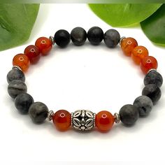 Stretch Bracelet -Black Network Stone Round Beads & Carnelian Agate 8mm Beads & Premium Silver Metal Beads- Handcrafted Handmade Silver Carnelian Beaded Bracelets, Kate Spade Bow Bracelet, Mala Beads Bracelet, Wire Bangle Bracelets, Men Bracelets, Carnelian Agate, Faux Pearl Bracelet, 8mm Beads, Xmas List