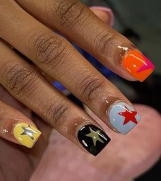 Red Nail Set, Yellow Chrome, Junk Nails, Mens Nails, Yellow Star, Long Acrylic Nails Coffin