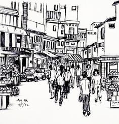 black and white drawing of people walking down the street