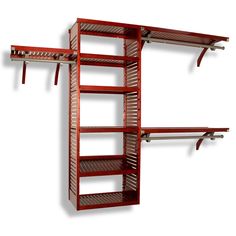 a red shelf with two open shelves on each side and one closed shelf above it