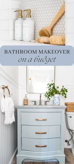 bathroom makeover on a dresser with text overlay that reads, bathroom makeover on a dresser