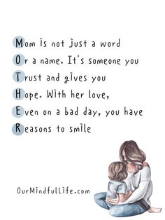 a mother's love poem with an illustration of two children hugging each other and the words mom is not just a word on a name