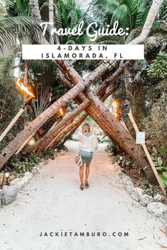 a woman walking down a path under palm trees with the words travel guide 4 days in islamorada, fl