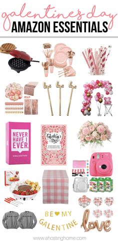 valentine's day gift guide with pink and gold items, including cake, cookies, candy