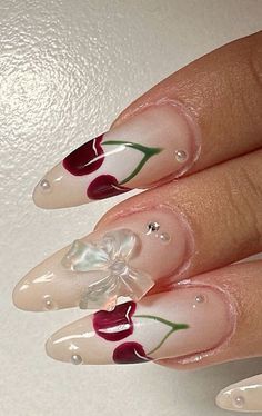 Square Nails Chrome, Cherry Almond Nails, Lana Del Rey Nails, Nail Art Cherry, Nail Art Bow, Nail Inspo Gel, Oval Acrylic Nails, Cherry Nail Art, Bow Nail Designs