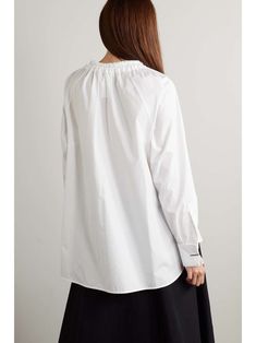 MAX MARA Ario gathered cotton-poplin blouse | NET-A-PORTER Chic Workwear Blouse With Gathered Neckline, Chic Blouse With Gathered Neckline For Work, Chic Smock Blouse For Daywear, Chic Smock Top For Workwear, Elegant Tops With Smocked Cuffs For Daywear, Elegant Smock Tops For Daywear, Elegant Blouse With Smocked Cuffs For Daywear, Elegant Smocked Tops, Elegant White Smocked Blouse